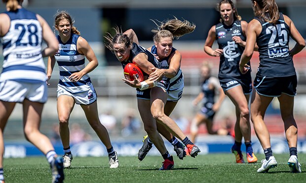 2019_01_18_AFLWPM_HERO3.png Geelong's tackling pressure was a highlight of their practice match win against the Blues - Geelong Cats